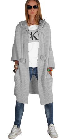 Mikos płaszcz dzianinowy długi luźny sweter kardigan z kieszeniami damski z długim rękawem z pomponami i kapturem 693 szary